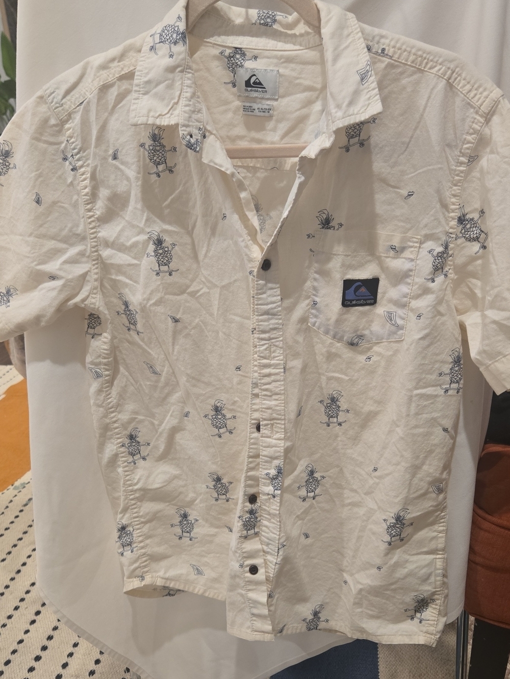 Quiksilver Cream Short-Sleeve Button-Down with Navy Pineapple Print